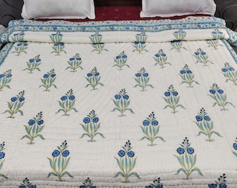 Handmade Queen Size Quilt: Blue & Green Floral Block Print, Reversible Cotton Bedding