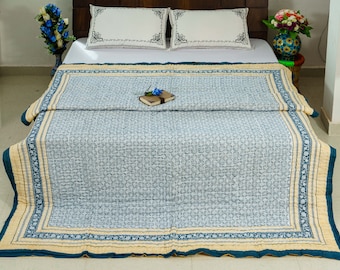 Hand Block Print Cotton Quilt: Blue & Yellow Reversible Bed Cover