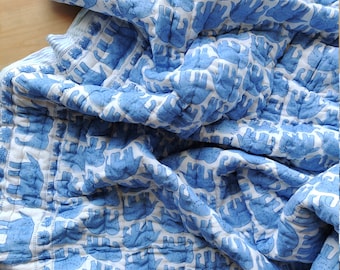 Elephant Print Quilt: Hand Block Printed Cotton Bedding (Queen Size)