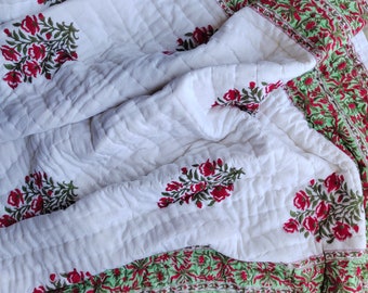 Hand Block Printed Queen Cotton Quilt: Reversible Bohemian Bedspread