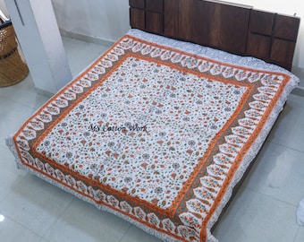 Hand Block Printed Cotton Quilt: King Size Floral Jaipuri Razai