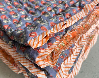 Jaipuri Floral Handcrafted Cotton Fabric, Vibrant Orange Hand Block Print with White Flowers
