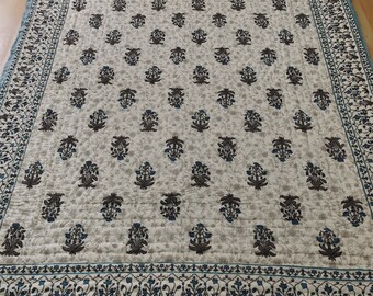 Hand Block Print Cotton Quilt: Floral Boho Bedding