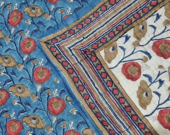 Floral Block Print Quilted Cotton Blanket: Handmade Queen Bedspread