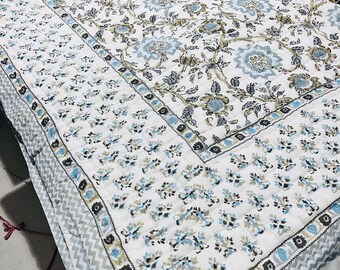 Jaipuri Hand Block Print Quilt: Queen Size Reversible Floral Razai