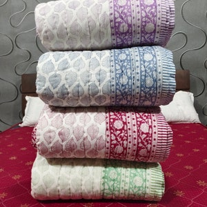 Hand Block Print Quilt: Leaves Pattern, Reversible Boho Blanket