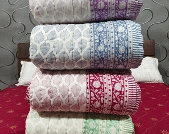 Hand Block Print Quilt: Leaves Pattern, Reversible Boho Blanket