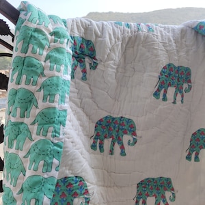 Handmade Indian Kantha Baby Quilt: Animal Print Nursery Bedding