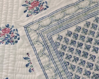 Hand Block Print Cotton Quilt: Handmade Floral Kantha Throw