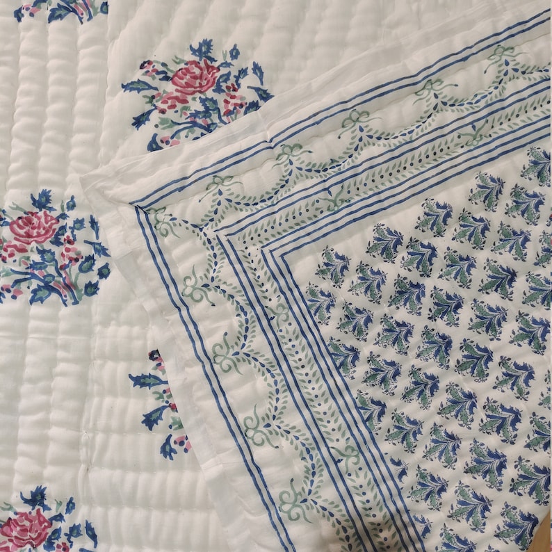 Hand Block Print Quilt Handmade Floral Print Quilt Reversible Etsy