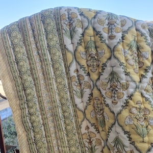 New Yellow Floral & Checks Mix Cotton Quilt, reversible block print blanket, Twin size Quilt, handmade quilt, blanket and throw