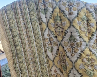 Yellow Floral Cotton Quilt: Twin Reversible Hand Block Print Blanket