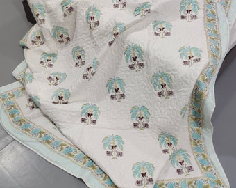 Elephant Block Print Cotton Quilt: Reversible Bohemian Blanket