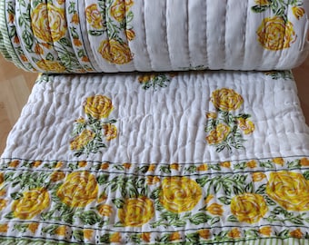 Yellow Flower Block Print Quilt: Reversible Cotton Queen Bedding