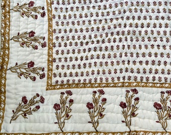 Hand Block Print Cotton Quilt: Floral Brown Stitching