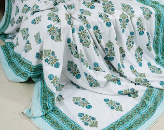 Green Floral Hand Block Print Cotton Blanket, Lightweight Comforter