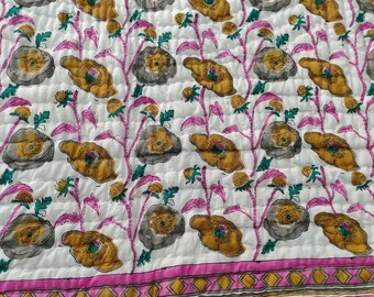 Hand Block Print Cotton Quilt: Pink Floral Kantha Bedspread