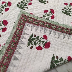 Red Flower Block Print Quilt: Hand Stitched Organic Cotton Queen Blanket