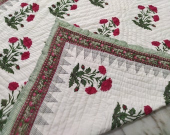 Red Flower Block Print Quilt: Hand Stitched Organic Cotton Queen Blanket