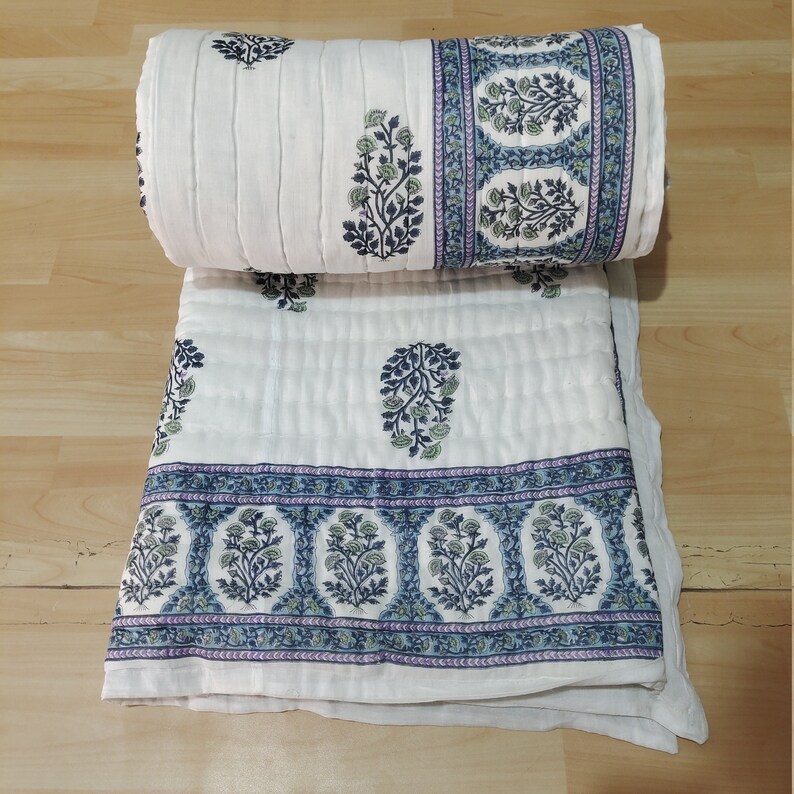 Indian Handmade Queen Hand Block Printed Reversible Cotton Quilt, Bedspread, Bed cover, Bohemian Bedspread, Boho Quilt