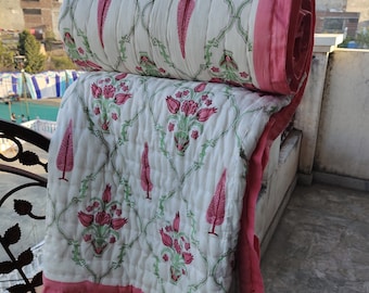 Hand Block Print Cotton Quilt: Floral Handmade Queen Bedspread