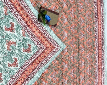 Hand Block Print Cotton Quilt: Boho Indian Bedding Coverlet