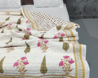 Floral Hand Block Print Cotton Quilt: Reversible Jaipuri Razai