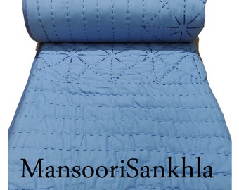 Hand Block Print Cotton Kantha Quilt: Reversible Indian Bedspread