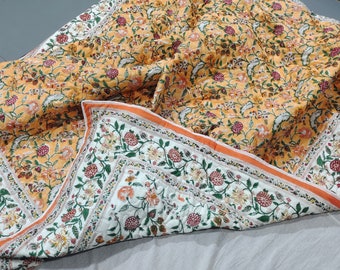 Orange Hand Block Kantha Quilt: Queen Size Reversible Cotton Bedspread