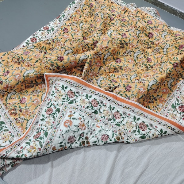 Indian Machine kantha quilt, Machine Washable block print quilt, Bed cover and comforter, fast colors, warm and light weight quilt