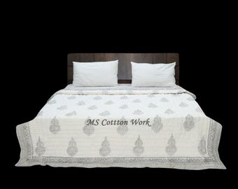 Hand Block Print Cotton Quilt: Floral Butta Design, Soft Warm Bedding