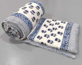 Hand Block Print Cotton Quilt, Floral Indian Bedding, Reversible Throw