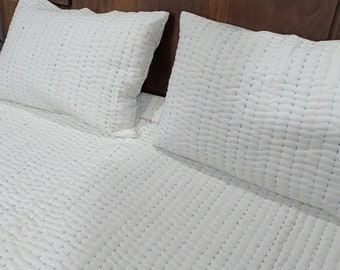 Hand Stitched Cotton Quilt with Pillow Covers: White Luxury Bedding
