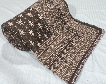 Hand Block Print Cotton Quilt: Machine Embroidered Bed Spread, US Queen/King