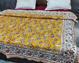Hand Block Printed Cotton Quilt, Reversible Bohemian Floral Bed Cover