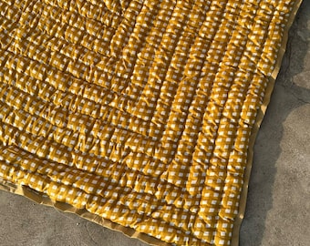 New Block Printed Floral Cotton Quilt: Sunshine Blooms Garden Floral Bedding