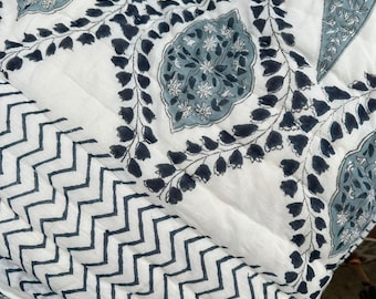 Vintage Style Block Print Quilt | Neutral Blue Grey Paisley Bedding | Cozy Farmhouse Decor