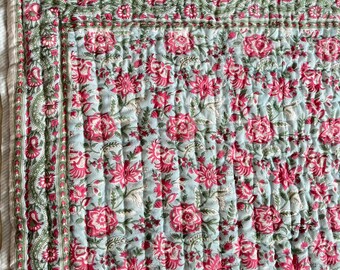 Hand Block Print Cotton Quilt: Hand-Stitched Floral Bedding