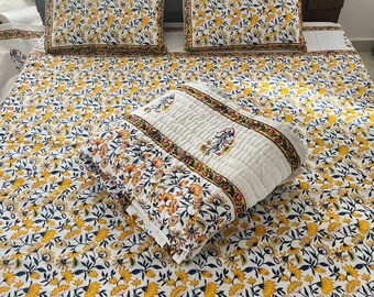 Hand Block Print Cotton Quilt Bedding Set: Sunny Floral Queen