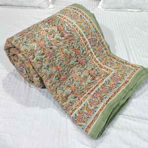Multi floral Lookup Quilt, Hand Block Print Cotton Reversible Blanket, Cotton Filling Light and Warm for Winter, Queen Size 90&quot; by 108&quot; inch