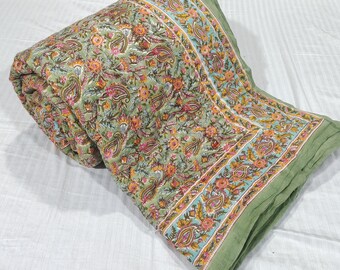 Hand Block Print Cotton Quilt: Reversible Floral Blanket, Queen Size