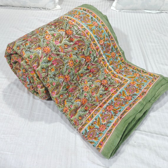 Lime Green Floral Hand Block Printed Cotton Kantha Throw -Double bed Size Lime Green Floral Hand Block Printed Cotton Kantha Throw -Double bed Size