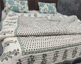 Hand Block Print Cotton Quilt, Reversible Bedding, Farmhouse Cottage Comforter Blanket
