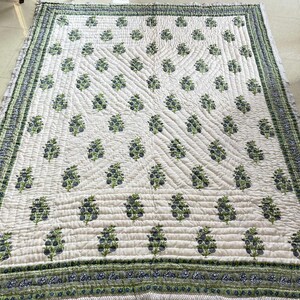 Può includere: Una trapunta color crema con un motivo floreale ripetuto in tonalità di verde e blu. La trapunta presenta un design trapuntato a diamante e un bordo a fantasia. Il motivo floreale è uniformemente distribuito sulla superficie della trapunta.