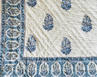 Hand Block Print Cotton Quilt: Reversible Blue Buta Design Dohar