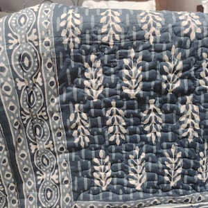 Machine embroidery quilt, new blue cotton reversible machine washable quilt, screen print US Queen size blanket, 90&quot; by 108&quot;