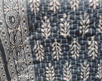 Blue Hand Block Print Quilt, Reversible Cotton Queen Blanket
