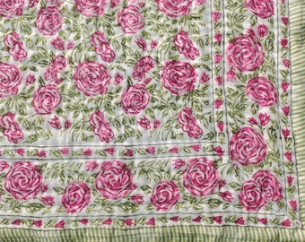 Rose Floral Quilt: Hand Block Print Bohemian Blanket, Queen Size