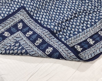 Handmade Blue Block Print Cotton Quilt: Lightweight Queen Bed Decor