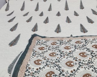 Leaf Hand Block Print Cotton Quilt, Reversible Boho Bed Cover